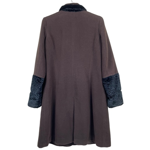 Todd Smith Brown 100% Wool Long Dress Coat with Black Trim Neck & Cuffs Sz 10 - Picture 3 of 14